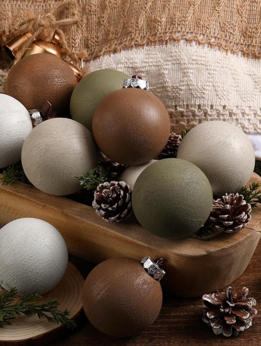12 Pcs Neutral Christmas Ornaments 3.15'', Beige,Taupe, Brown & Olive Green